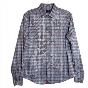 Untuckit Shirt Men's‎ Medium Gray-Red Plaid Long Sleeve Poly Blend Button Up